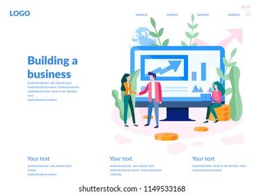 Vector illustration for web page, banner, presentation, social media, documents, cards. people are building a business on the internet. laptop screen with a website. teamwork, smart team, promotion 