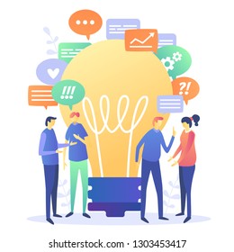 Vector illustration, for web page, banner, presentation, social media, cards, posters. businessmen discuss social network,searching for new solutions chat, dialogue speech bubbles, communication