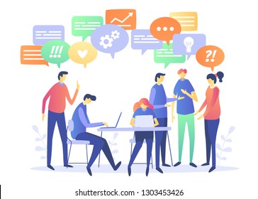 Vector illustration, for web page, banner, presentation, social media, cards, posters. businessmen discuss social network,searching for new solutions chat, dialogue speech bubbles, communication
