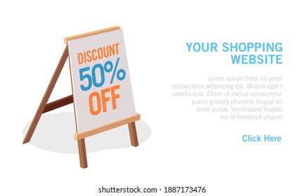 Vektorgrafik eines Webseitendesigns mit einem Shop-Bannerboard. Geeignet für Design-Elemente aus Online-Läden, Rabatten und speziellen Preisaktionen. Isometrisches Rabattbanner-Zeichen.