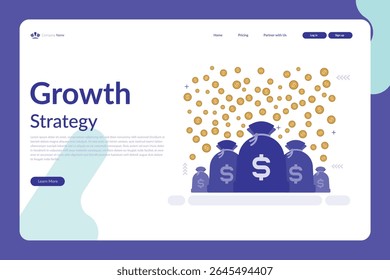 Vector illustration of a web page design showing a growth strategy with money bags, floating coins, and a modern blue-purple layout