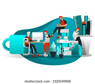 Vector Illustration For Web Page, Element, Banner, Presentation, Poster, Landing Page, Flyer, App. Group of Men who Working And Studying Together in Long Distance Using Internet. Flat Cartoon Style