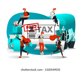 Vector Illustration For Web Page, Element, Banner, Presentation, Poster, Landing Page, Flyer, App, UI. People who Daily Activities Around a Large Desktop and Could Pay Tax Anywhere. Flat Cartoon Style