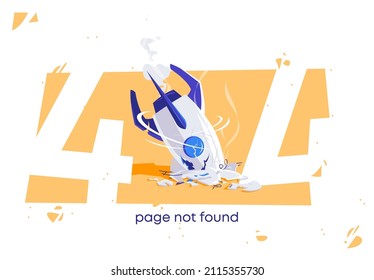 vector illustration of a web page error 404 page not found, with a fallen broken rocket