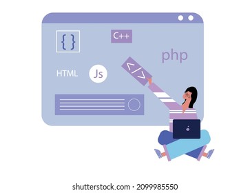Vector illustration for a web page on the topic of coding and programming. a girl sits on the background of a web page on which you can see the coding symbols