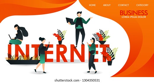 
vector illustration or web page with orange and yellow. a group of people who are communicating using internet technology around the words "INTERNET". a man who was standing was holding a laptop 