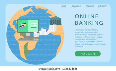 vector illustration web page template for online banking, on the planet earth there is a computer from which the transaction check comes out and reaches for the bank building 