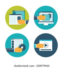 Vector illustration. Web pages. Flat computing background. Programming and coding. Web development and search. Search engine optimization. Innovation and technologies. Mobile app.