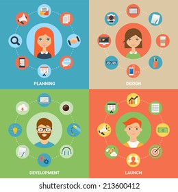 Vector illustration for web: planning, design, development and launch processes with  characters. Modern flat style