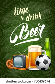 Vector illustration for web, poster, invitation to beer party or watching a sports match in the pub. Chalkboard background with pattern on beer theme.