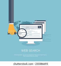 Vector illustration. Web search. Flat computing background. Programming and coding. Web development and search. Search engine optimization. Innovation and technologies. Mobile app.