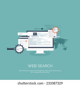 Vector illustration. Web search. Flat computing background. Programming and coding. Web development and search. Search engine optimization. Innovation and technologies. Mobile app.