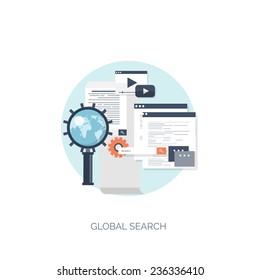 Vector illustration. Web search. Flat computing background. Programming and coding. Web development and search. Search engine optimization. Innovation and technologies. Mobile app.