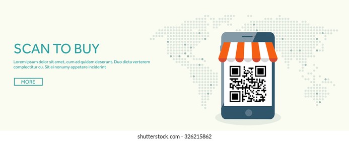 Vector illustration. Web shopping. Flat internet store. Online market. Smartphone with QR code. Scan and pay.