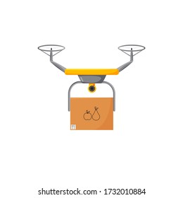 Vector illustration of web shopping in quarantine isolated. Drone delivers cardboard box with food. Flat design of contactless delivery. Non-contact logistic transportation service. Future life