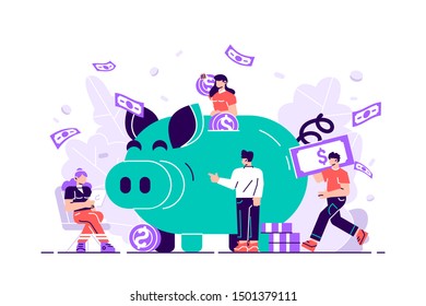 Vector illustration for web, social media. Large piggy bank with business people and golden coin. Financial services, small bankers are engaged in work, saving or save money or open a bank deposit. 