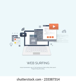 Vector illustration. Web surfing.  Flat computing background. Programming and coding. Web development and search. Search engine optimization. Innovation and technologies. Mobile app.