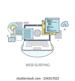 Vector illustration. Web surfing.  Flat computing background. Programming and coding. Web development and search. Search engine optimization. Innovation and technologies. Mobile app.