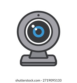 Vektorgrafik-Webcam-Symbol mit blau leuchtendem Objektiv, grauem Körper und Standfuß. Vektorgrafik für Videoanrufe, Online-Meetings, Streaming und Technologie.
