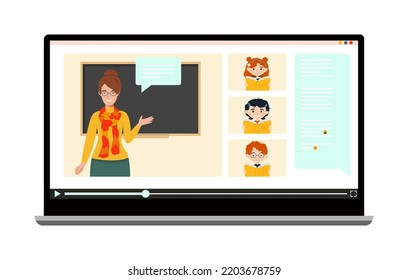 Vector illustration of a webinar, online conference, lectures and online education. A teacher teaches a lesson online