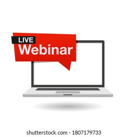 Vector illustration of a webinar using a laptop. Online seminar, live streaming, and digital learning design template