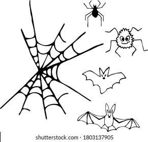 Vector illustration of webs, spiders and bats for Halloween in the Doodle style. The concept of the celebration, fear, horror, fun, Halloween. Can be used for fabric, textiles, paper, Wallpaper, books