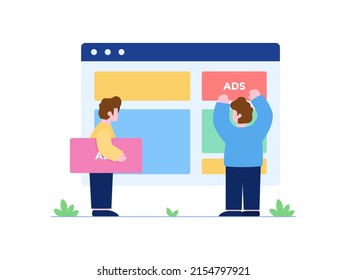 Vector illustration of Website Advertisements with People Together Placing ads elements on the website. 
Can be used for web, landing page, promotion, personal project, and other project.