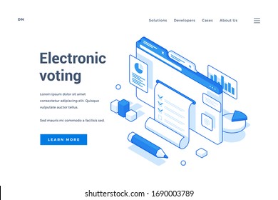 Ilustración vectorial del sitio web con la cédula de votación representada cerca de la descripción y botón de enlace en el banner para el conveniente servicio de votación electrónica. Banner web isométrico, plantilla de página de inicio