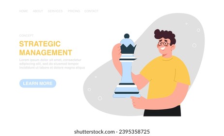 Vector illustration for website, banner with man holds chess figure. Achieving business goals, logic and creativity for great success, strategic management in solving complex work problems.