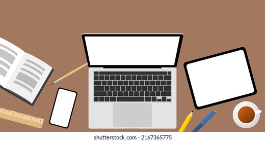 Vector of an illustration for website and content, cellphone and computer with white screen and stationeries on the table without desktop pc, empty spacei the top, simple and flat style, top view