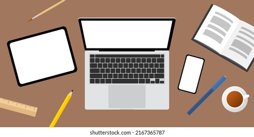 Vector of an illustration for website and content, cellphone and computer with white screen and stationeries on the table without desktop pc, empty space, simple and flat style, top view of full set