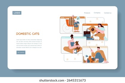 Vector illustration of a website design featuring domestic cats and activities like petting and playing. Various moments are captured in frames, showing interactions with these playful pets.