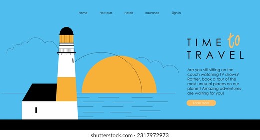 Ilustración vectorial. Diseño del sitio web, página de inicio. Viajes, turismo, reservas de cruceros, hoteles. Psicología, perspicacia. Antecedentes del sitio, banner, fondo de pantalla.