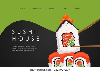 Vector illustration. Website design for sushi house, sushi bar, landing page, rolls, sushi, Japanese cuisine.