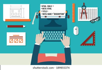Vector illustration of website development and programming. Workplace of programmer with equipment. Top view - vector illustration 