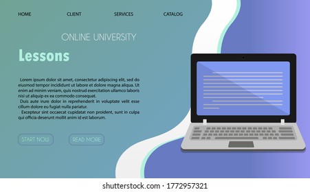 Vector illustration of a website for distance learning, online education and work. A flat illustration of the main page of the mobile app with a stack of books, a Cup of coffee, and a laptop for