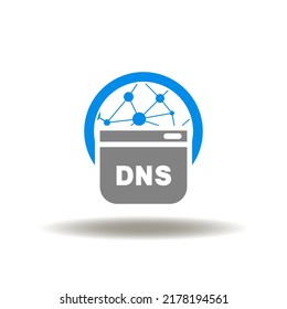 Vector illustration of website with DNS and earth planet symbol. Icon of DNS Domain Name System.