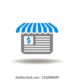 Vector illustration of website with dollar currency and store roof. Icon of market place. Symbol of order purchase buy payment.