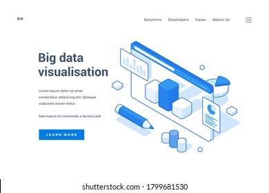 Vector illustration of website with graphs depicted near description and link button on advertisement banner for big data visualization service. Isometric web banner, landing page template