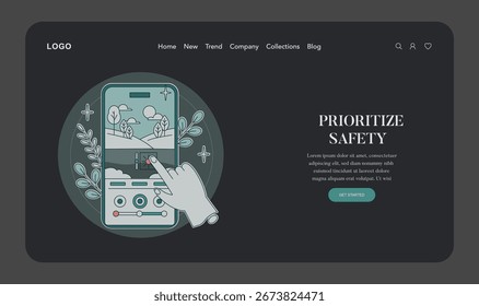 Vector illustration of a website header design featuring a mobile phone interface with a finger tapping, highlighting a focus on prioritizing safety in digital experiences.