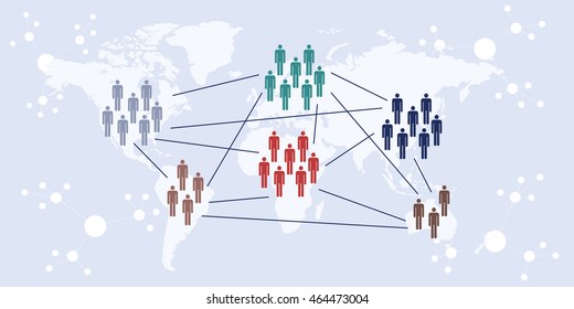vector illustration of website horizontal banner for concept of international transborder cooperation with  world map with connected groups of people 