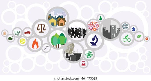 vector illustration of website horizontal  banner for sustainable development concept with circles showing ecological risks and solutions for cities and countries