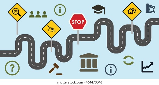 vector illustration of website horizontal  banner for governmental reforms concept with road signs and symbols of political social economic changes
