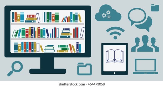 vector illustration of website horizontal banner for electronic libraries with computer desktop with books