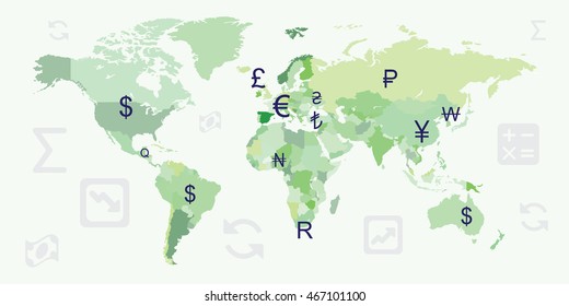 Vector Illustration Of Website Horizontal  Banner For Currency Conversion Concept With World Map And Different Money Symbols