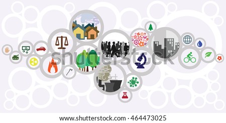 vector illustration of website horizontal  banner for sustainable development concept with circles showing ecological risks and solutions for cities and countries