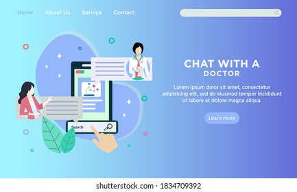 ilustración vectorial página de inicio página web consulta de asistencia sanitaria y protección del concepto de virus corona con comunicación de una mujer doctora y paciente