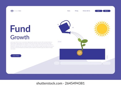 Vector illustration of a website layout showing fund growth with a watering can, plant on coin, and modern navigation elements