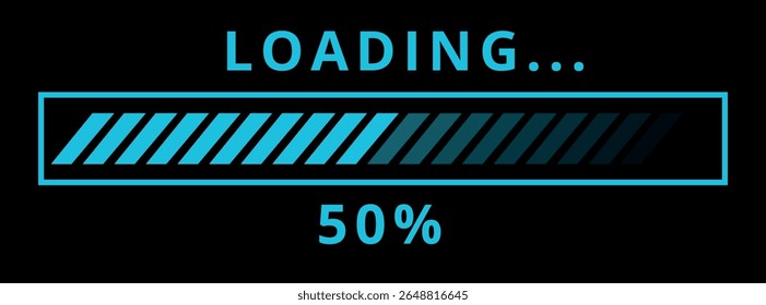 Vector illustration of website loading bar, downloads, uploads in blue color isolated on black background for websites and graphic resources. 50% loaded bar.