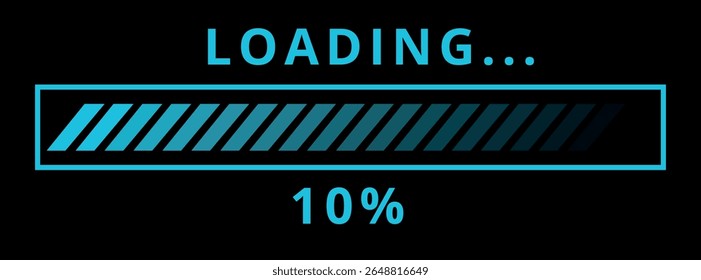 Vector illustration of website loading bar, downloads, uploads in blue color isolated on black background for websites and graphic resources. 10% loaded bar.